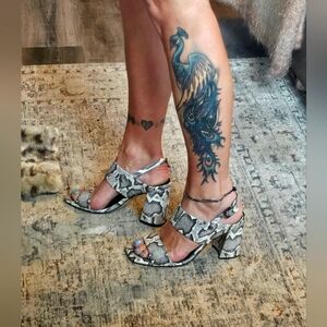 CALVIN KLEIN QEELIN SNAKESKIN PRINT CHUNKY HEELS